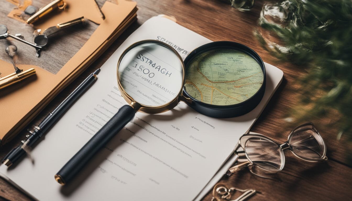 A photo of a magnifying glass on top of a strategic SEO plan surrounded by keyword research and on-page optimization tools, nature photography, different faces, different hair styles, different outfits, well-lit, bustling atmosphere, adjust color balance, correct exposure, sharp focus, crystal clear, 8K UHD, photorealism, Canon50, Pixabay, National Geography, ESPN, do not include humans in the scene