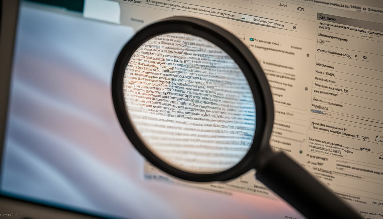 A magnifying glass scans keywords on a computer screen.