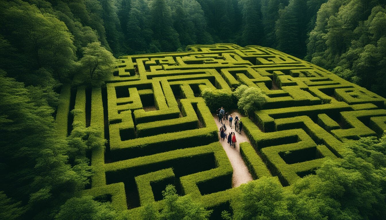 A maze surrounded by a dense forest, with various paths.