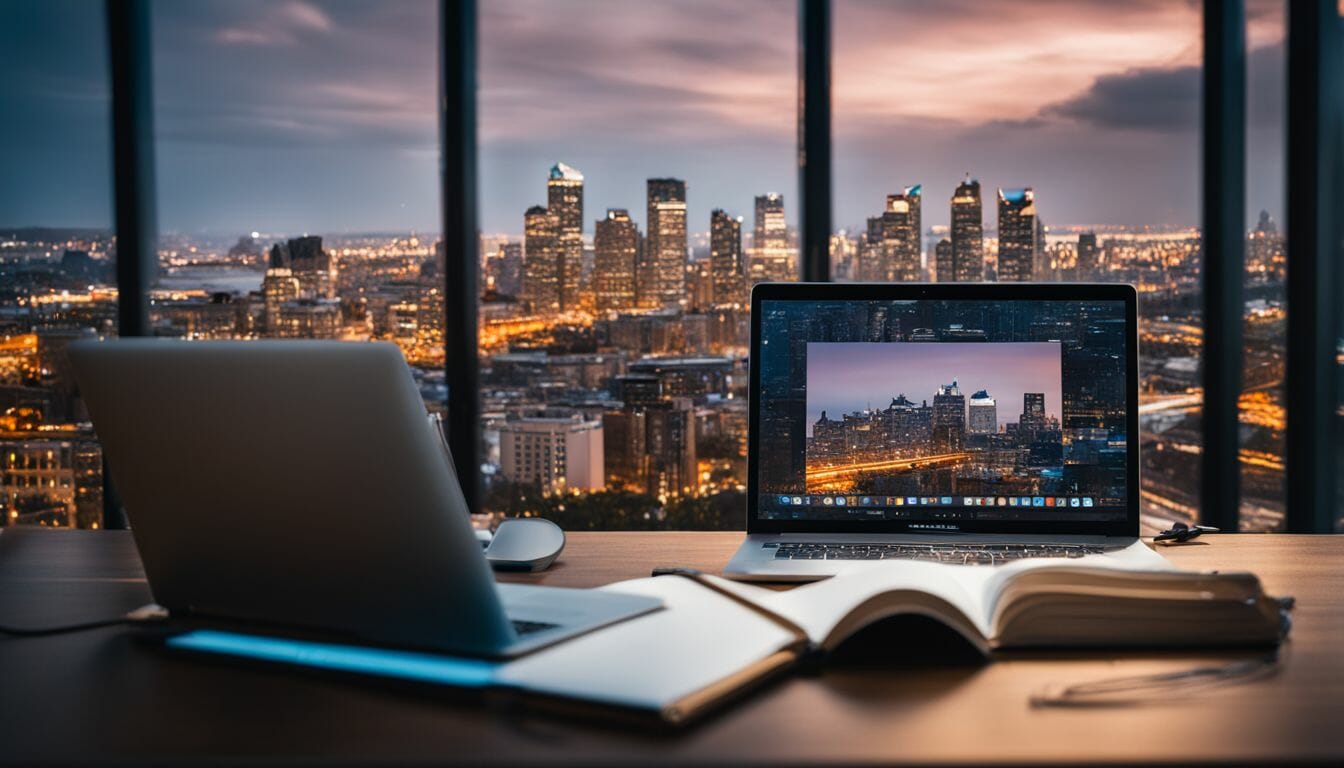A laptop with a magnifying glass and search bar in a cityscape background.