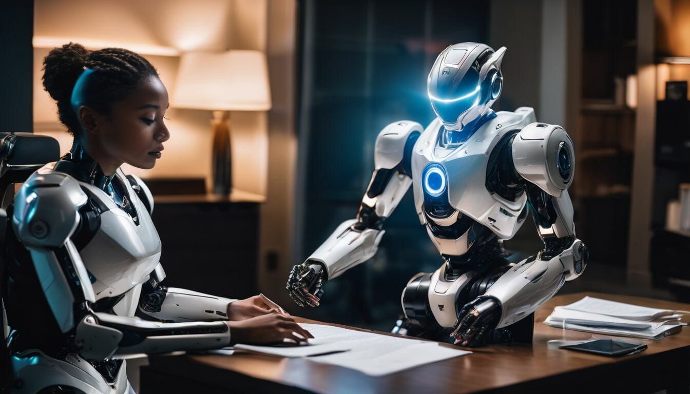 AI robot conducting therapy session with person in serene office setting.