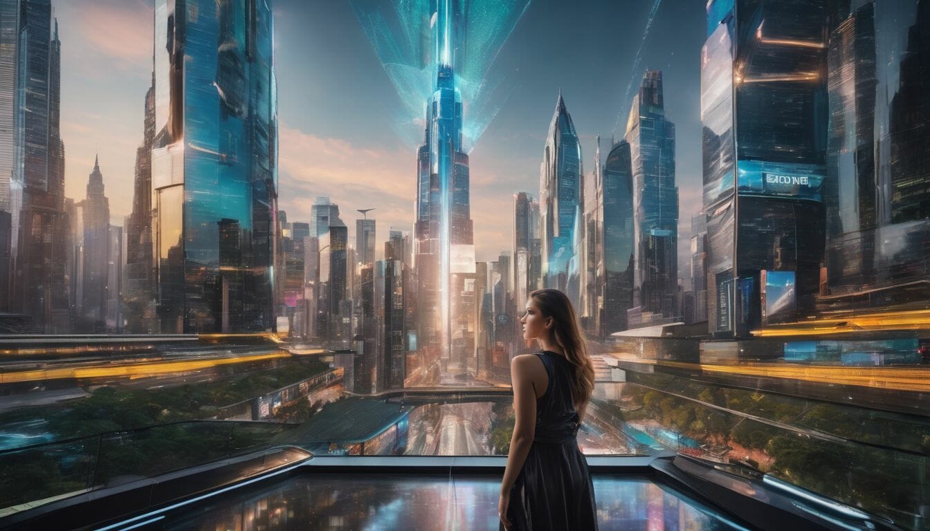 A person amidst futuristic technology surrounded by diverse cityscape photography.