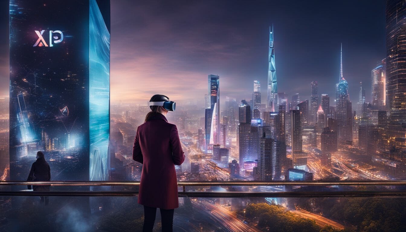 A vibrant futuristic city at night with virtual reality advertisements.