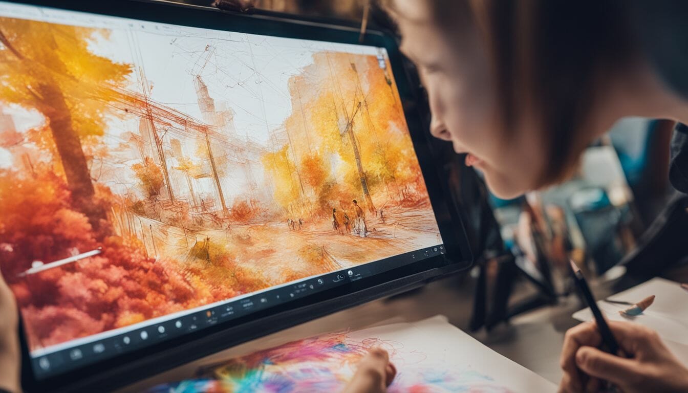 An artist using AI-generated design suggestions while drawing on a digital tablet.