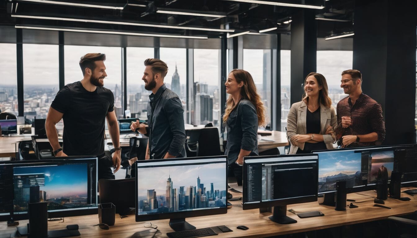 Will AI Replace Web Developers? A diverse group of web developers collaborating in a modern office.