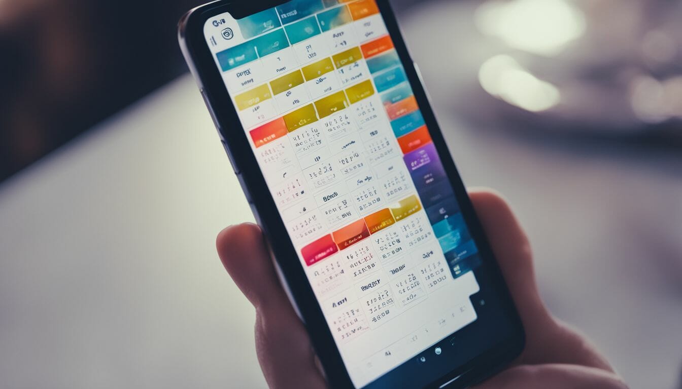A futuristic smartphone displays a calendar with appointment slots and icons.