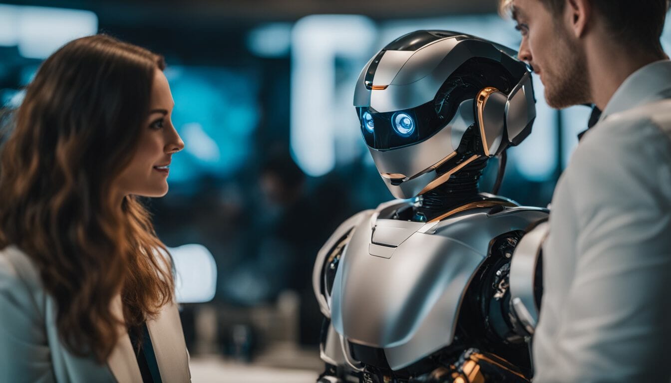 A robot and a human converse amidst futuristic technology.