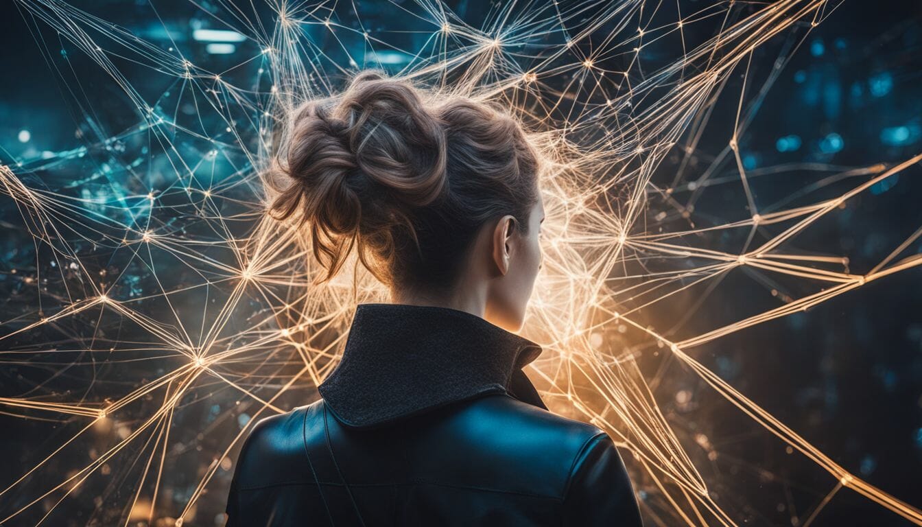 An intricate web of interconnected nodes against a futuristic digital background.