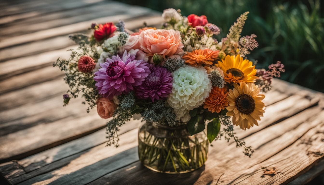 Colorful bouquet of flowers on a rustic wooden table outdoors.