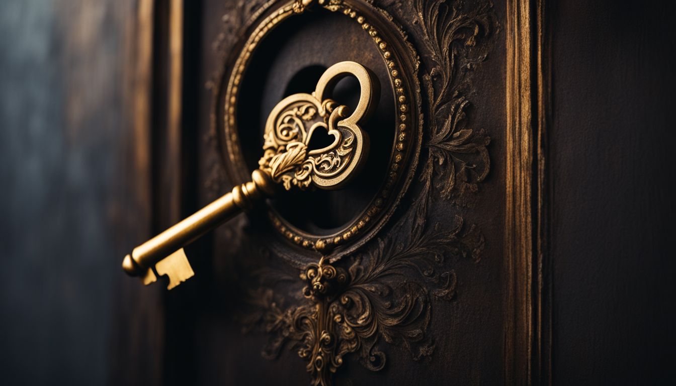 A golden key in a vintage keyhole, surrounded by mystery and variety.