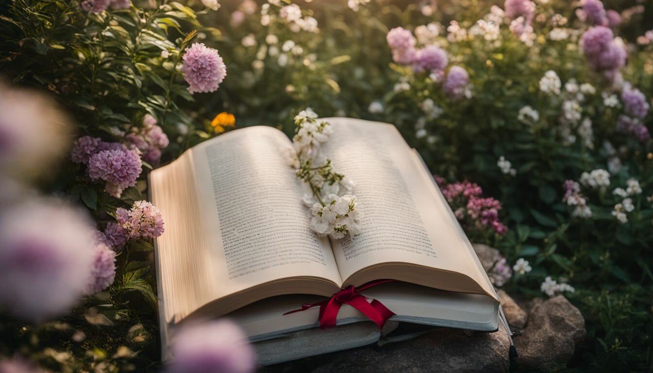 A serene garden with an open book surrounded by blooming flowers.
