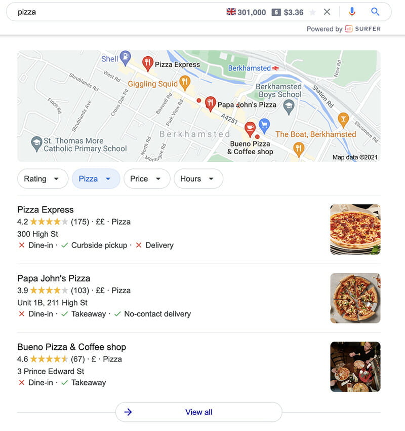 pizza search result - local Berkhamsted SEO